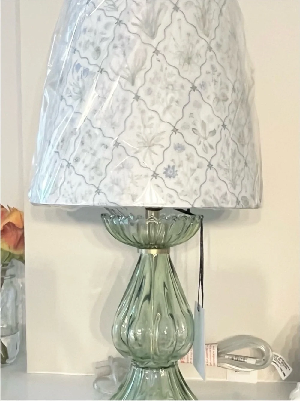 🆕-Soft Green Fluted Glass Table Lamp with Patterned White Shade